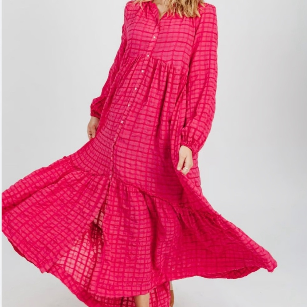 Free People Dress Womens XS Hot Pink Edie Plaid Shirtdress Viola Maxi V Neck